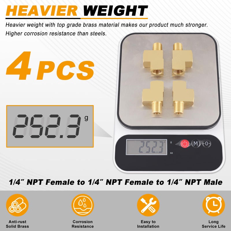 KOOTANS 4 Pack Brass Tee Fittings 1/4" NPT Female to 1/4" NPT Female to 1/4" NPT Male Barstock Street Tee Fittings 3 Way Brass Pipe Fitting - Image 5
